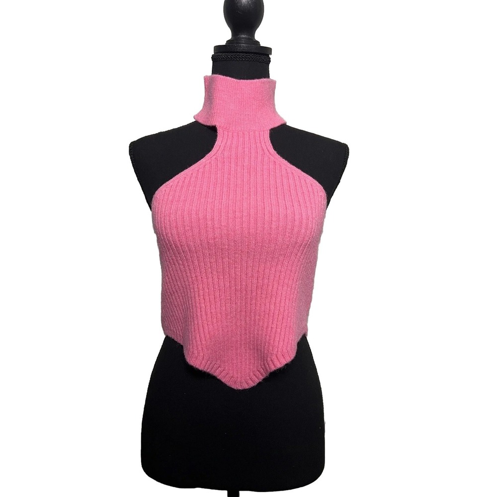 SHEIN Womens Pink Ribbed Turtleneck Halter Knit Crop Top Sharkbite Hem Large‎